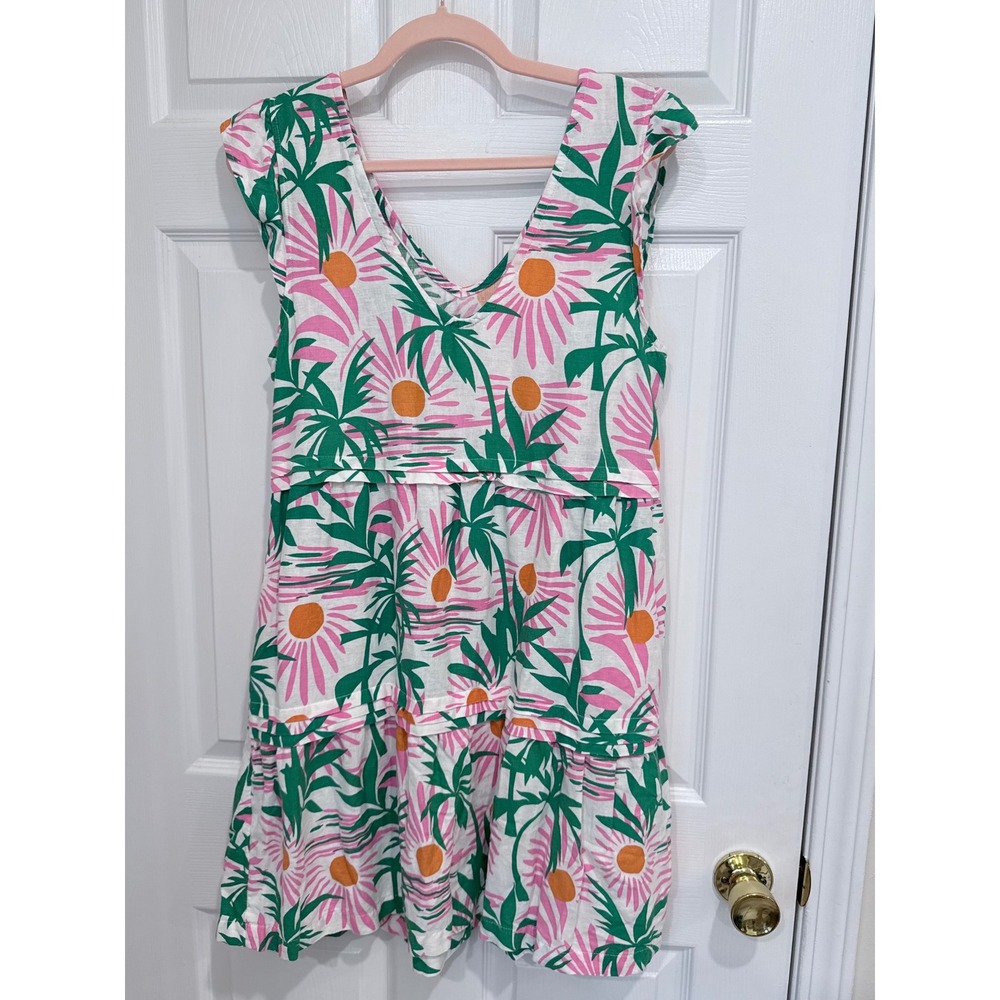 C&C California Tropical Palm Linen Blend Shift Dress Womens Medium Pink Green